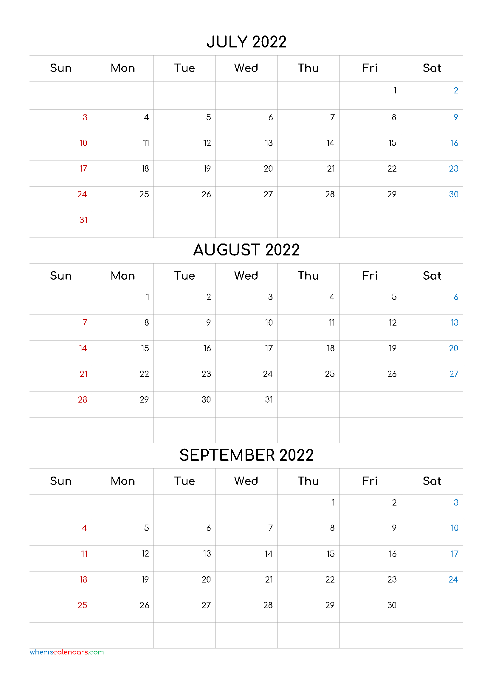 Free July August September 2022 Calendar-Template Code