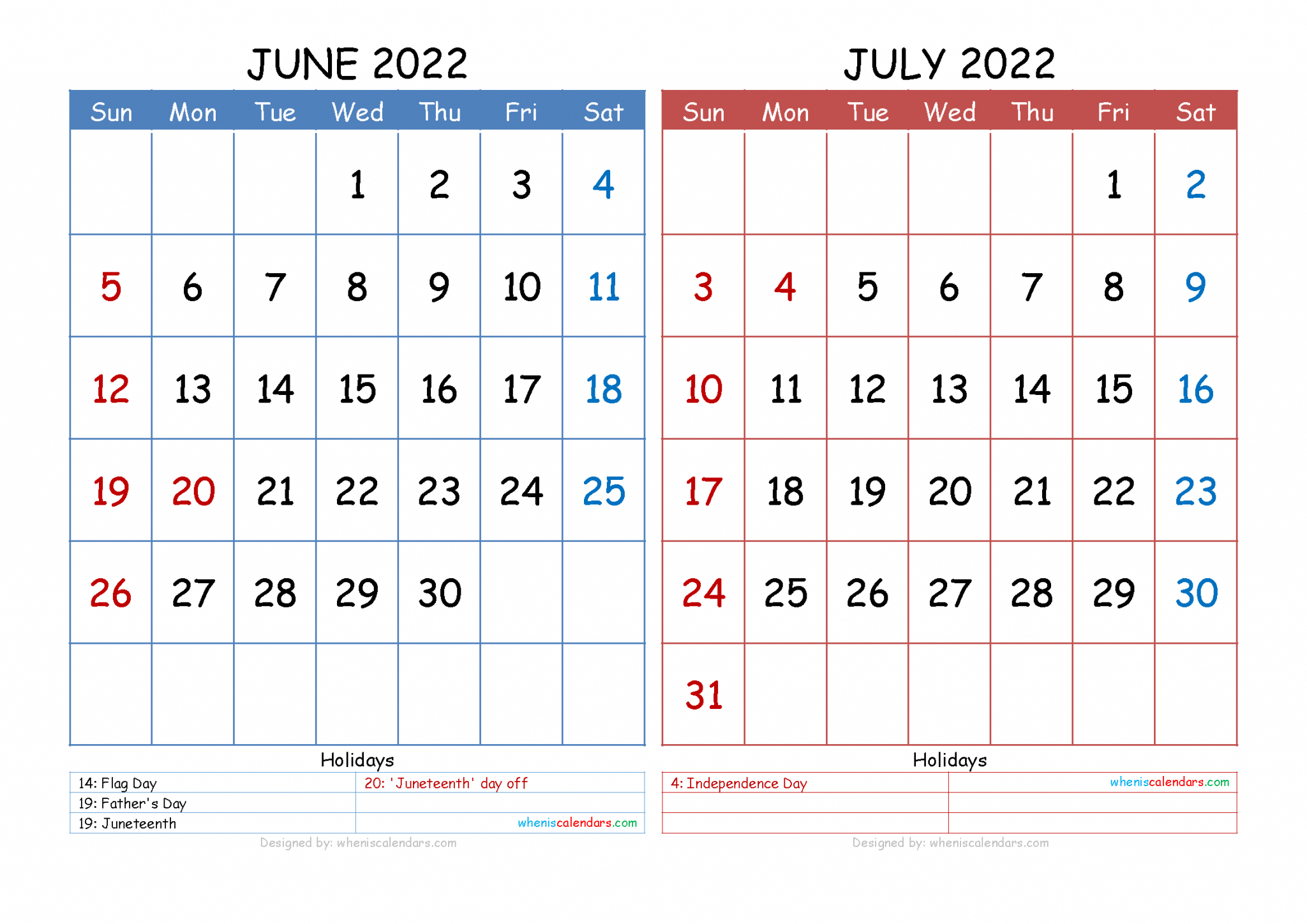 Free June July 2022 Calendar Printable Pdf
