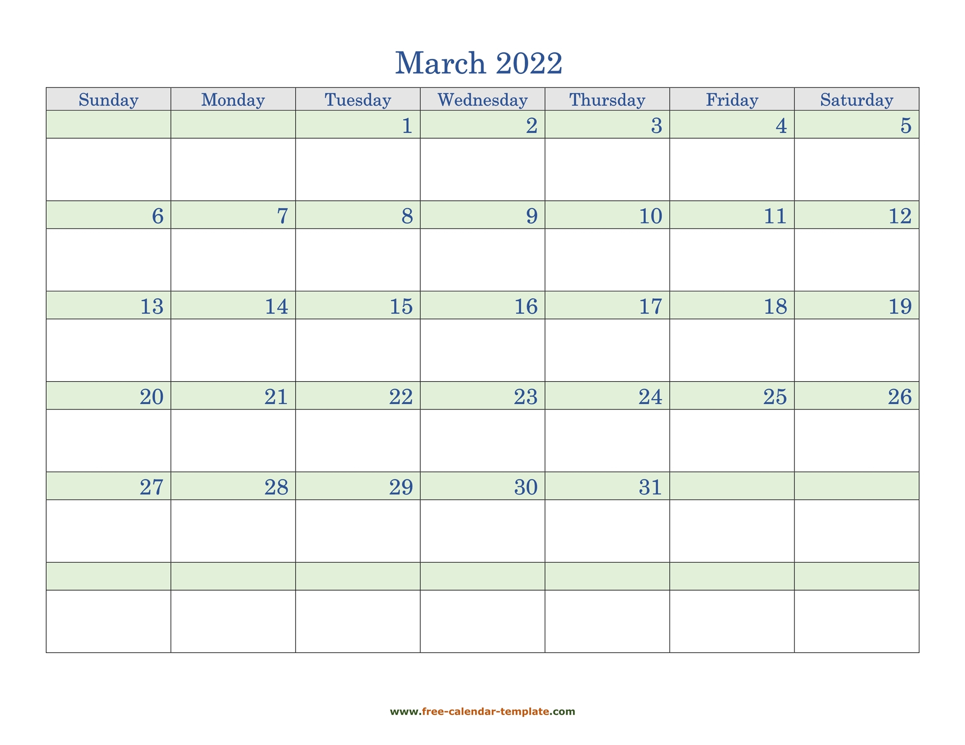 Free March 2022 Calendar, Coloring On Each Day (Horizontal