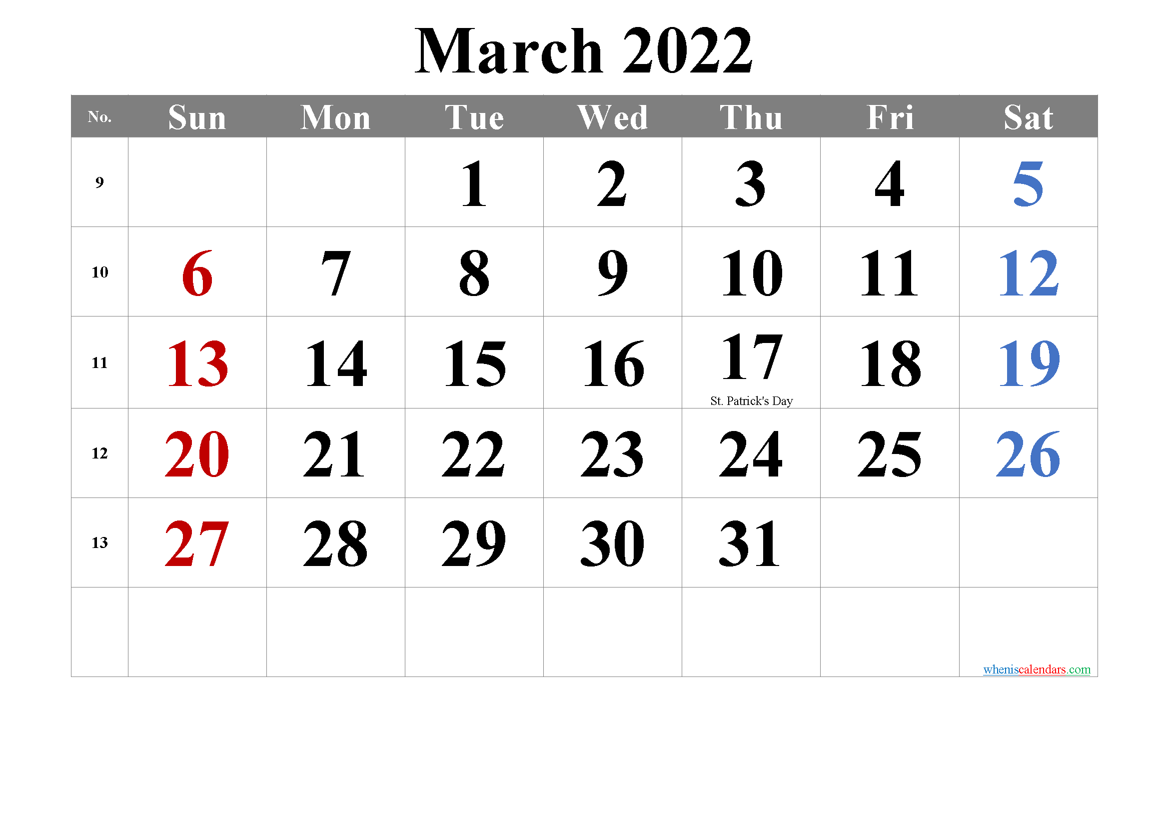 Free March 2022 Calendar Printable