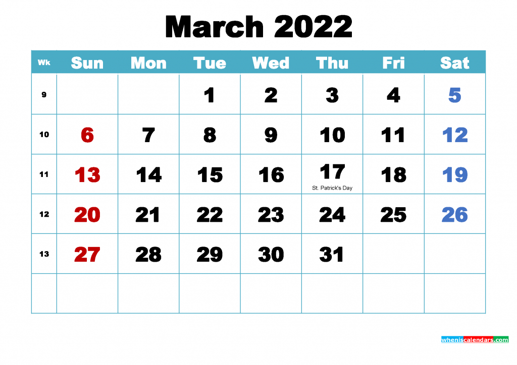 Free March 2022 Calendar With Holidays Printable Pdf