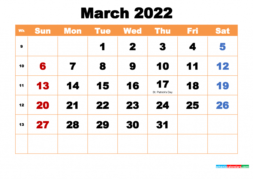 Free March 2022 Calendar With Holidays Printable Pdf