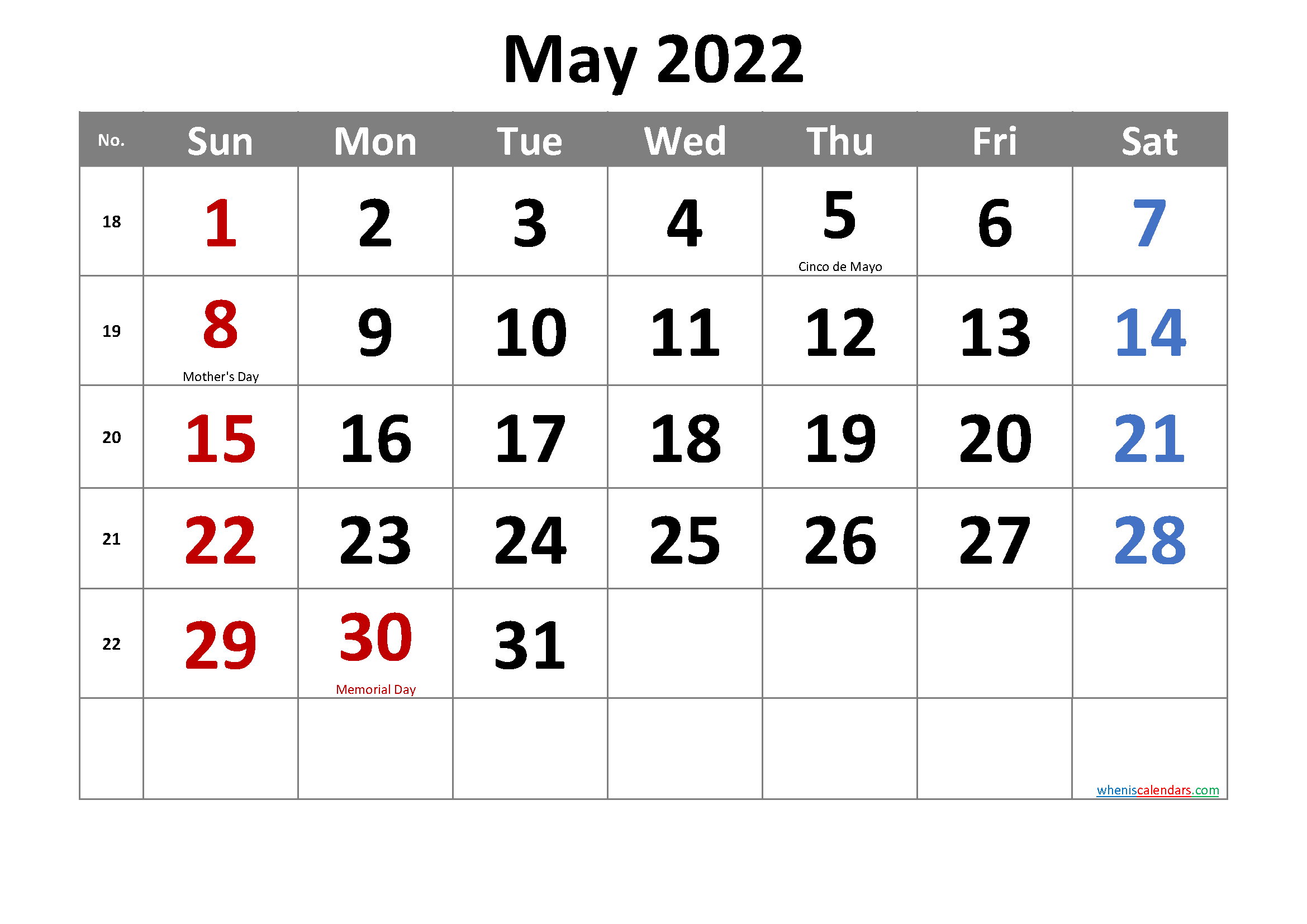 Free May 2022 Calendar Printable