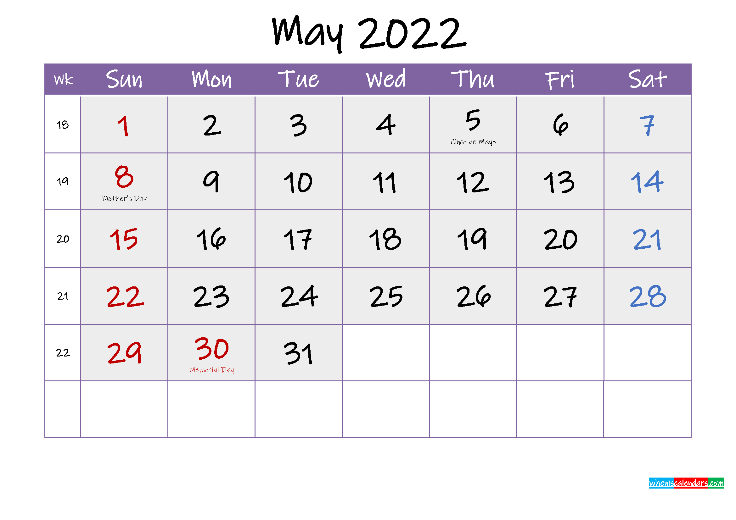 Free May 2022 Printable Calendar With Holidays - Template