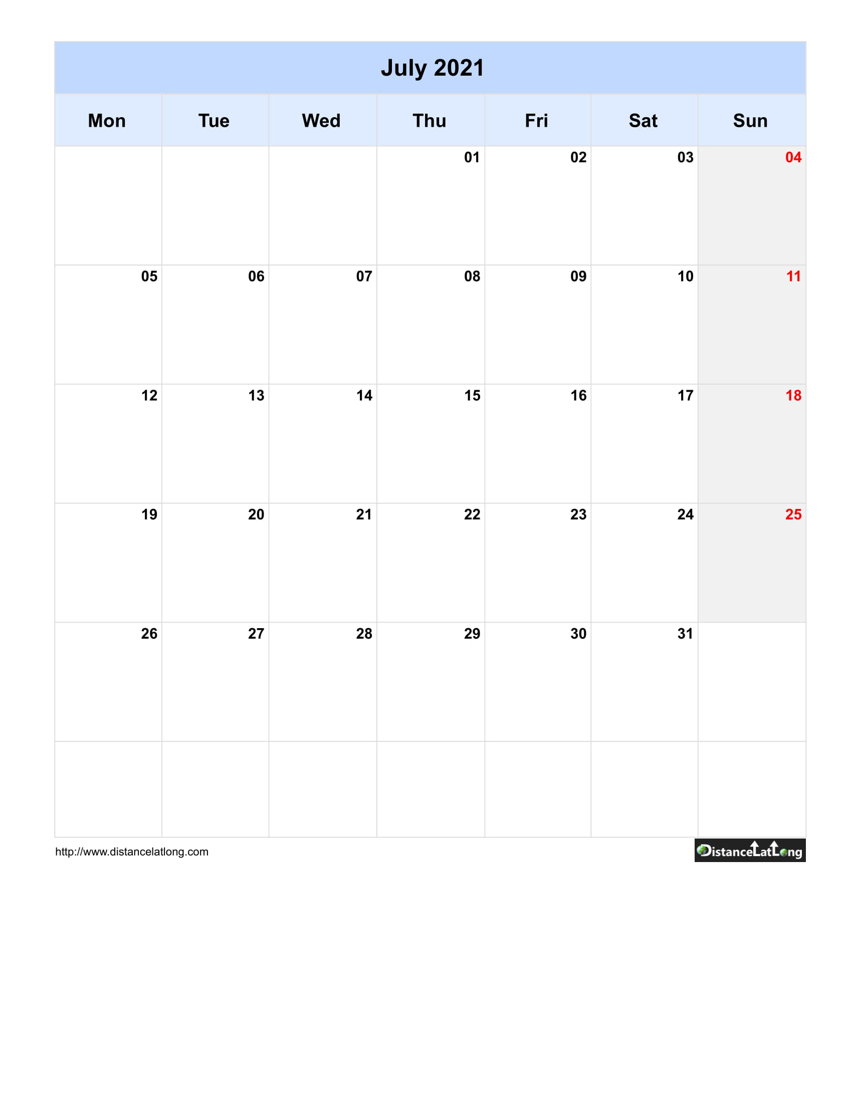 Free Monthly Printable Blank Calendar For July 2021 Monday