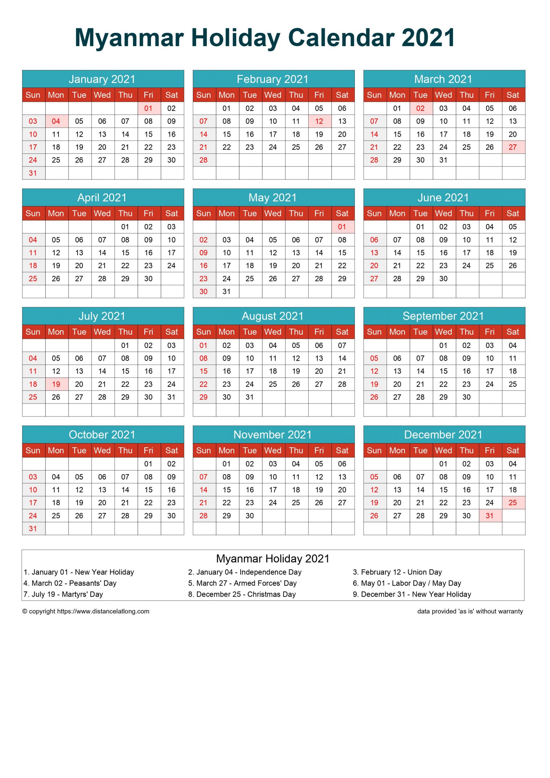 Free Myanmar Holiday Printable Calendar Cheerful Bright