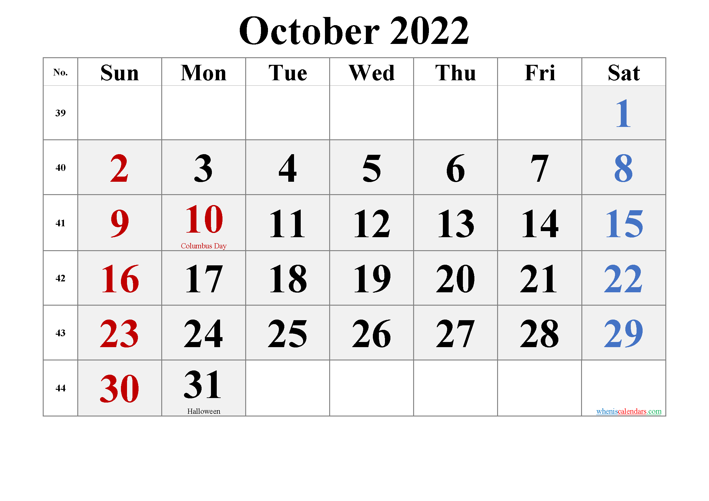 Free October 2022 Calendar Printable