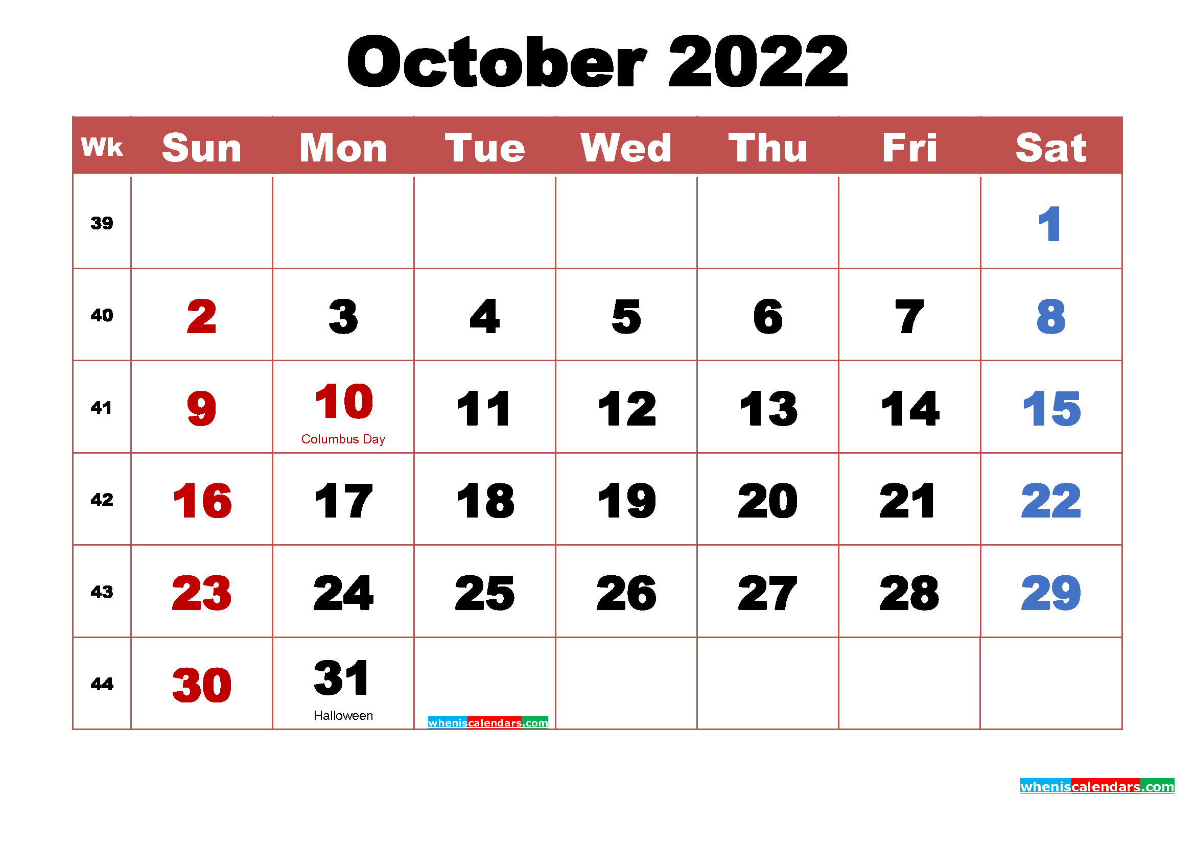 Free October 2022 Calendar With Holidays Printable