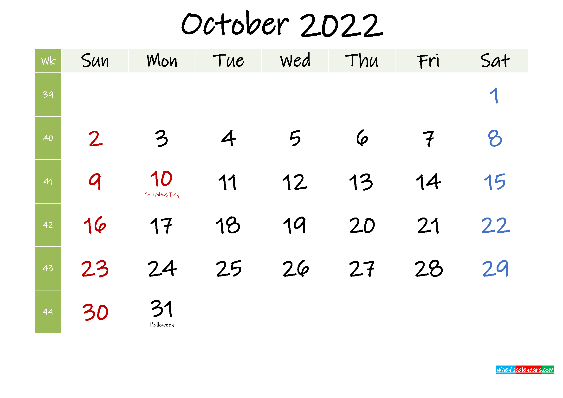 Free October 2022 Printable Calendar With Holidays