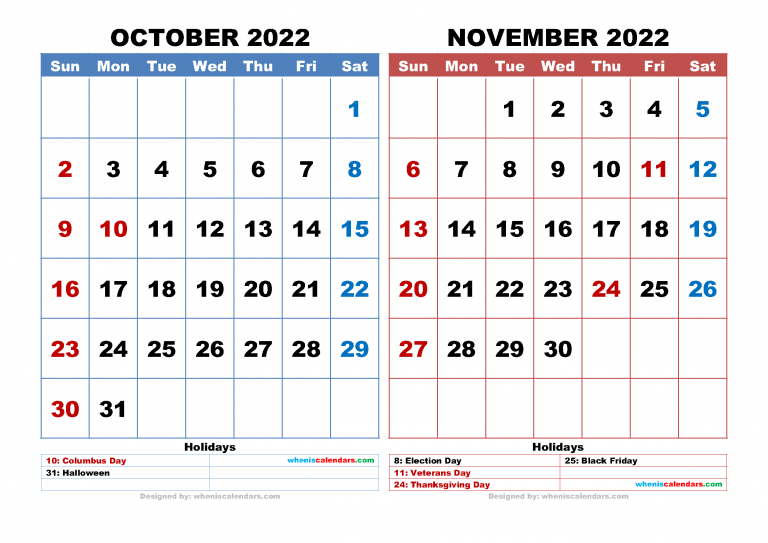 Free October November 2022 Calendar Printable Pdf