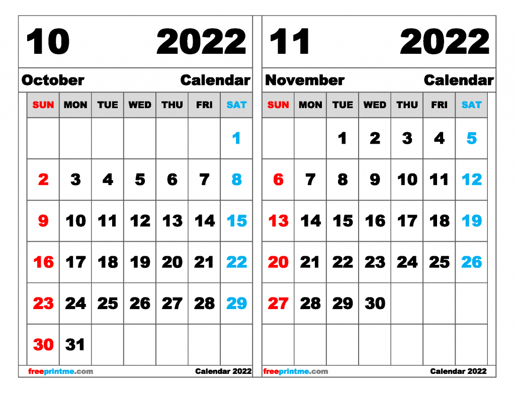 Free October November 2022 Calendar Printable Variety Sizes