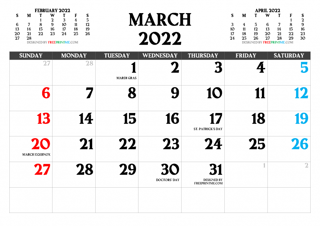 Free Online March 2022 Calendar With Holidays - 2022