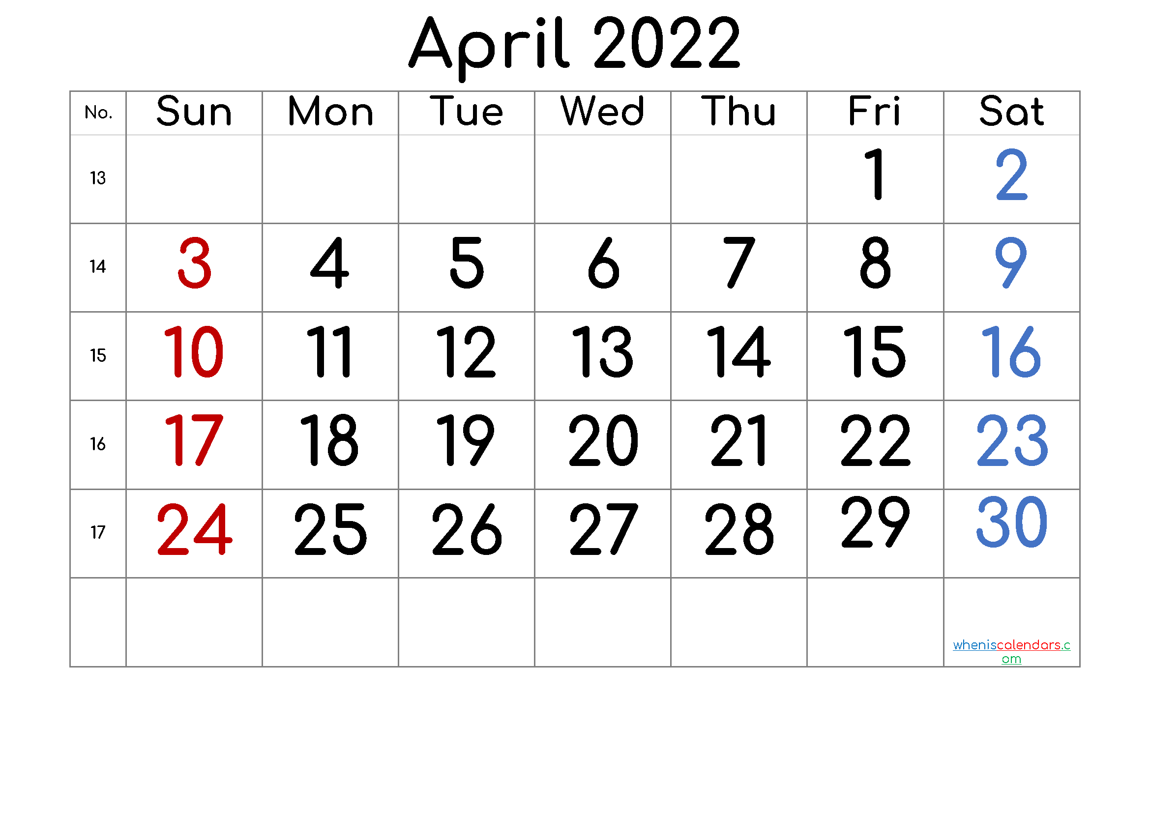 Free Printable 2022 April Calendar