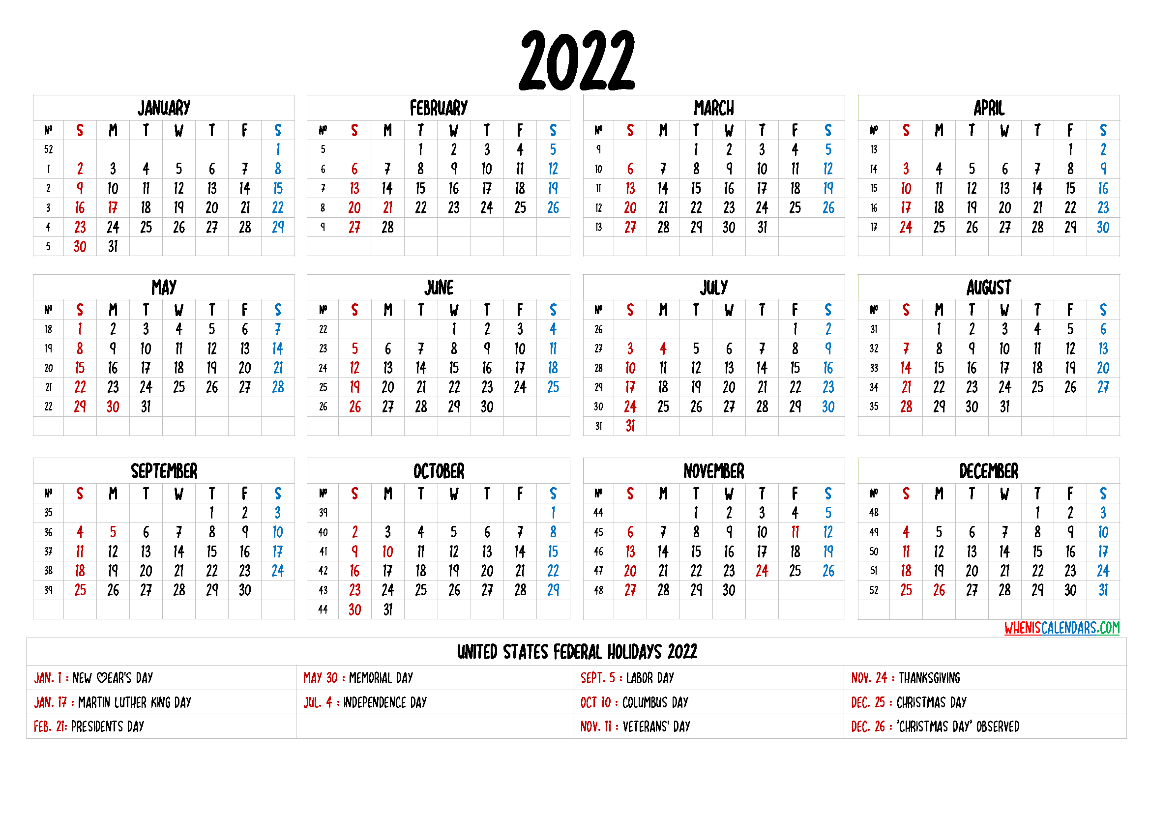 Free Printable 2022 Calendar - 9 Templates