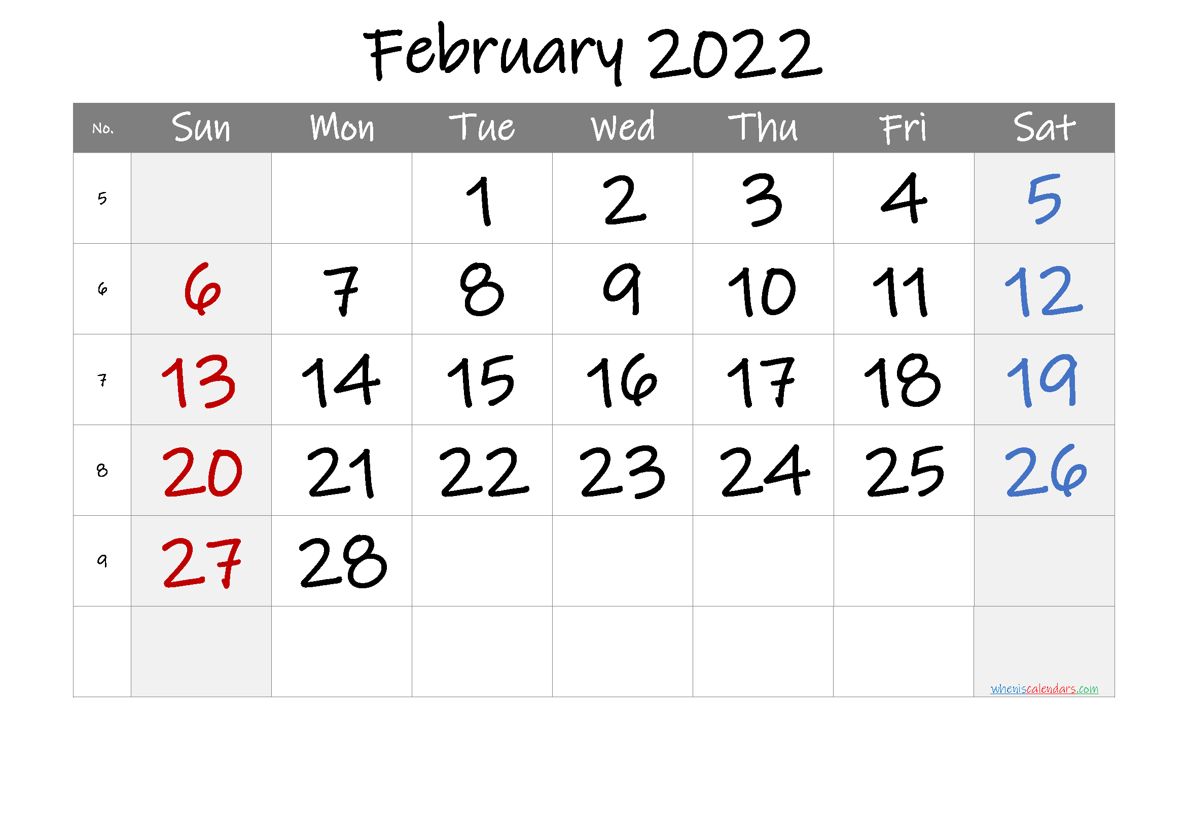 Free Printable 2022 February Calendar