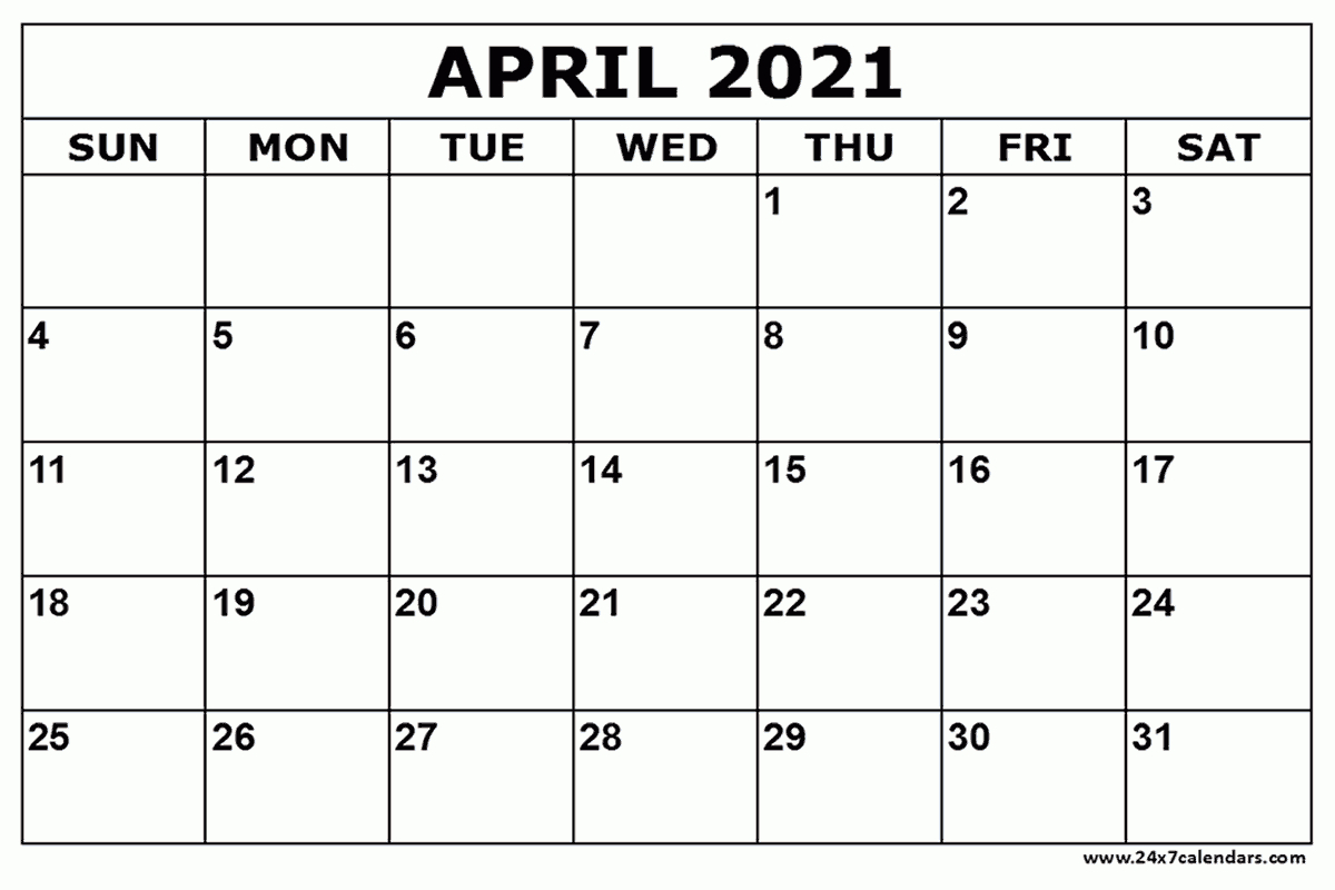 Free Printable April 2021 Calendar : 24X7Calendars
