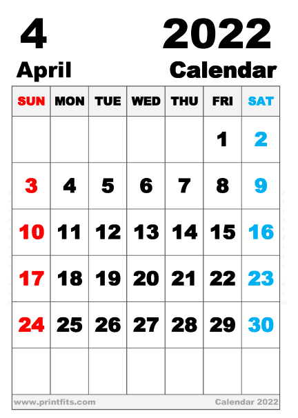 Free Printable April 2022 Calendar B5 Paper Size