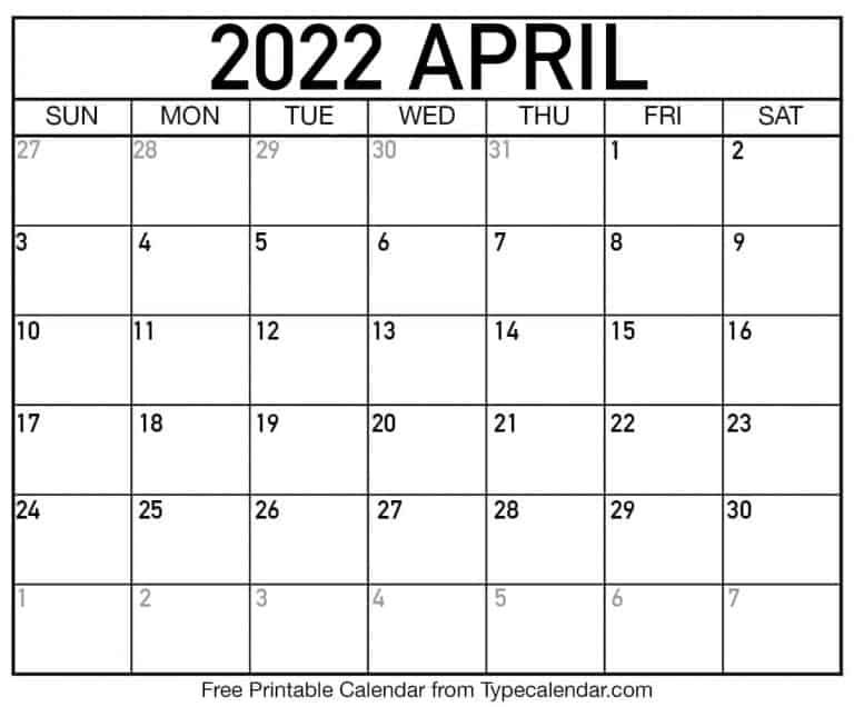 Free Printable April 2022 Calendars