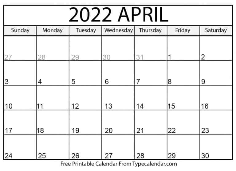 Free Printable April 2022 Calendars