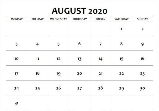 Free Printable August 2020 Blank Calendar | Printable