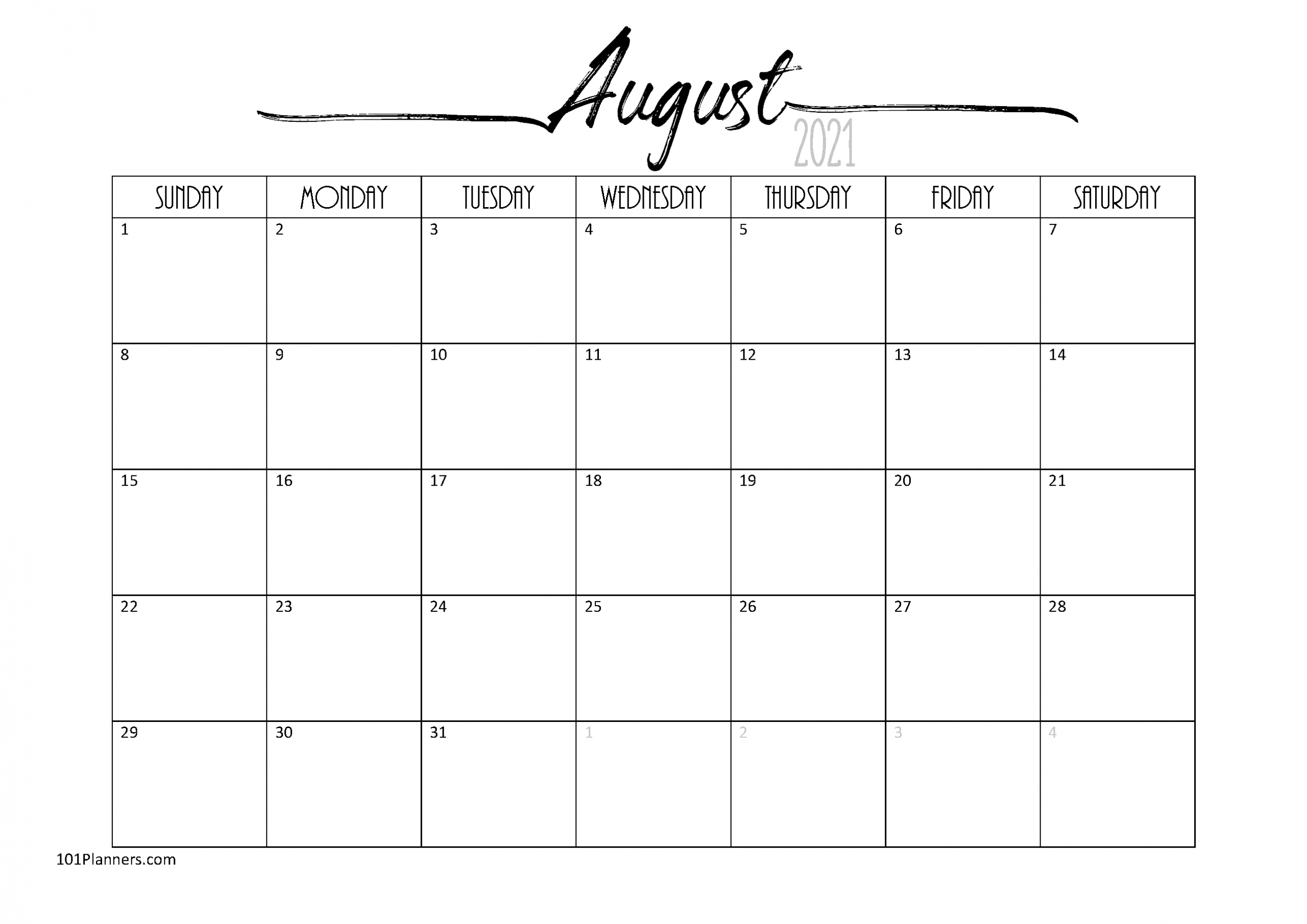 Free Printable August 2021 Calendar