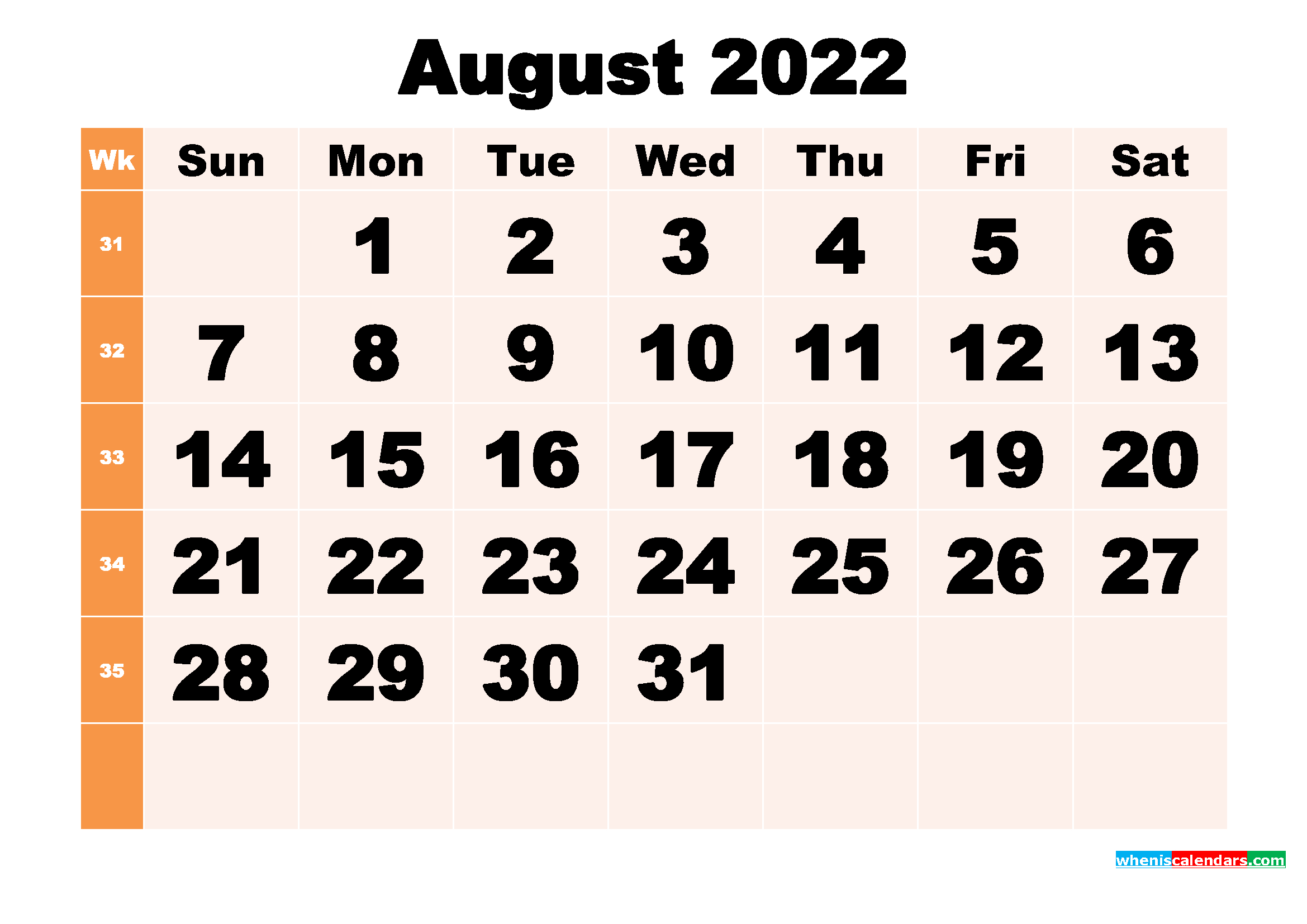Free Printable August 2022 Calendar Template Word, Pdf