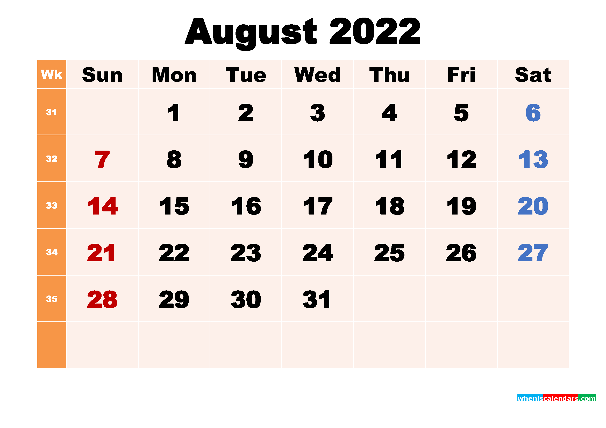 Free Printable August 2022 Calendar With Holidays - Free