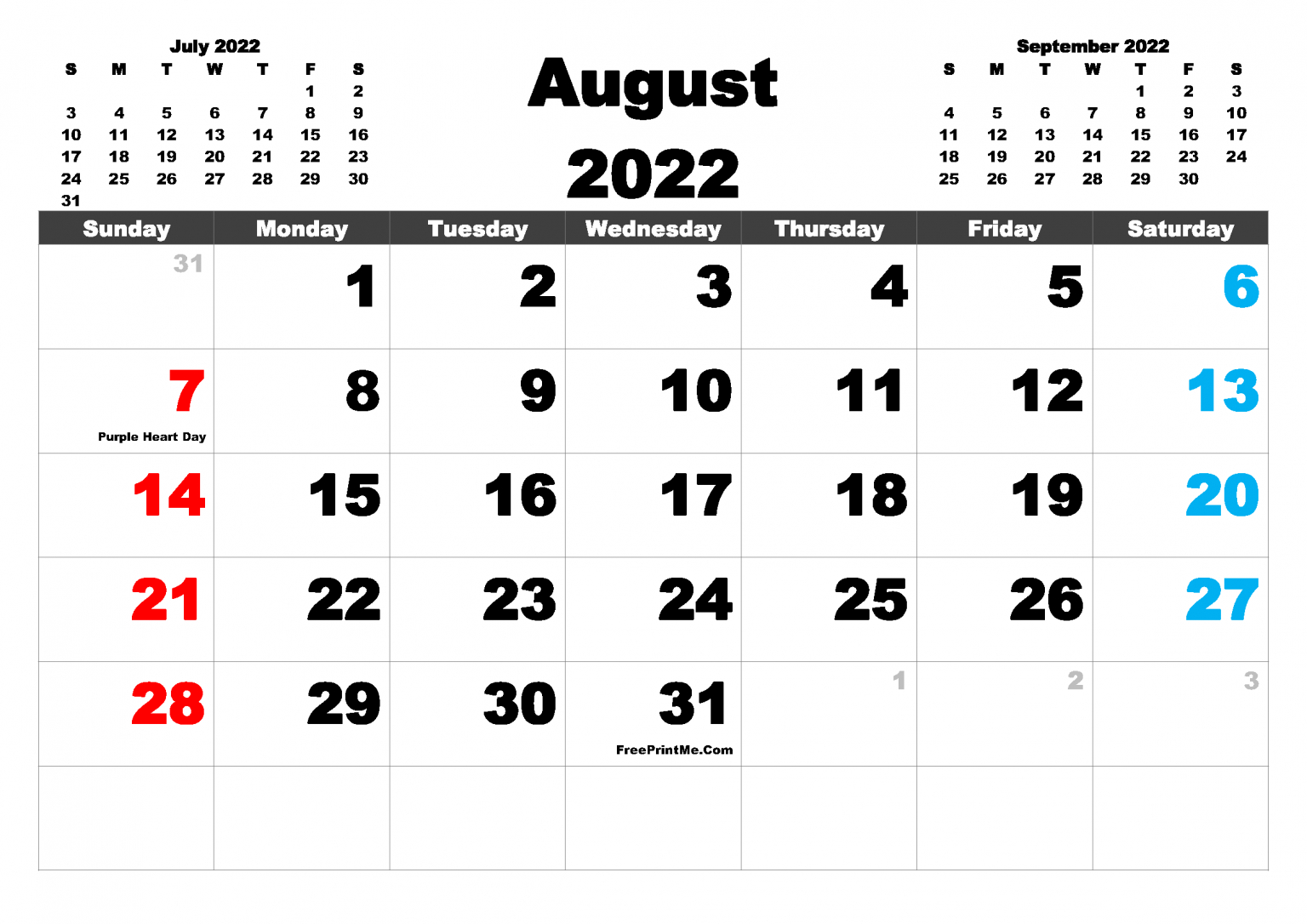 Free Printable August 2022 Calendar With Holidays Pdf, Png