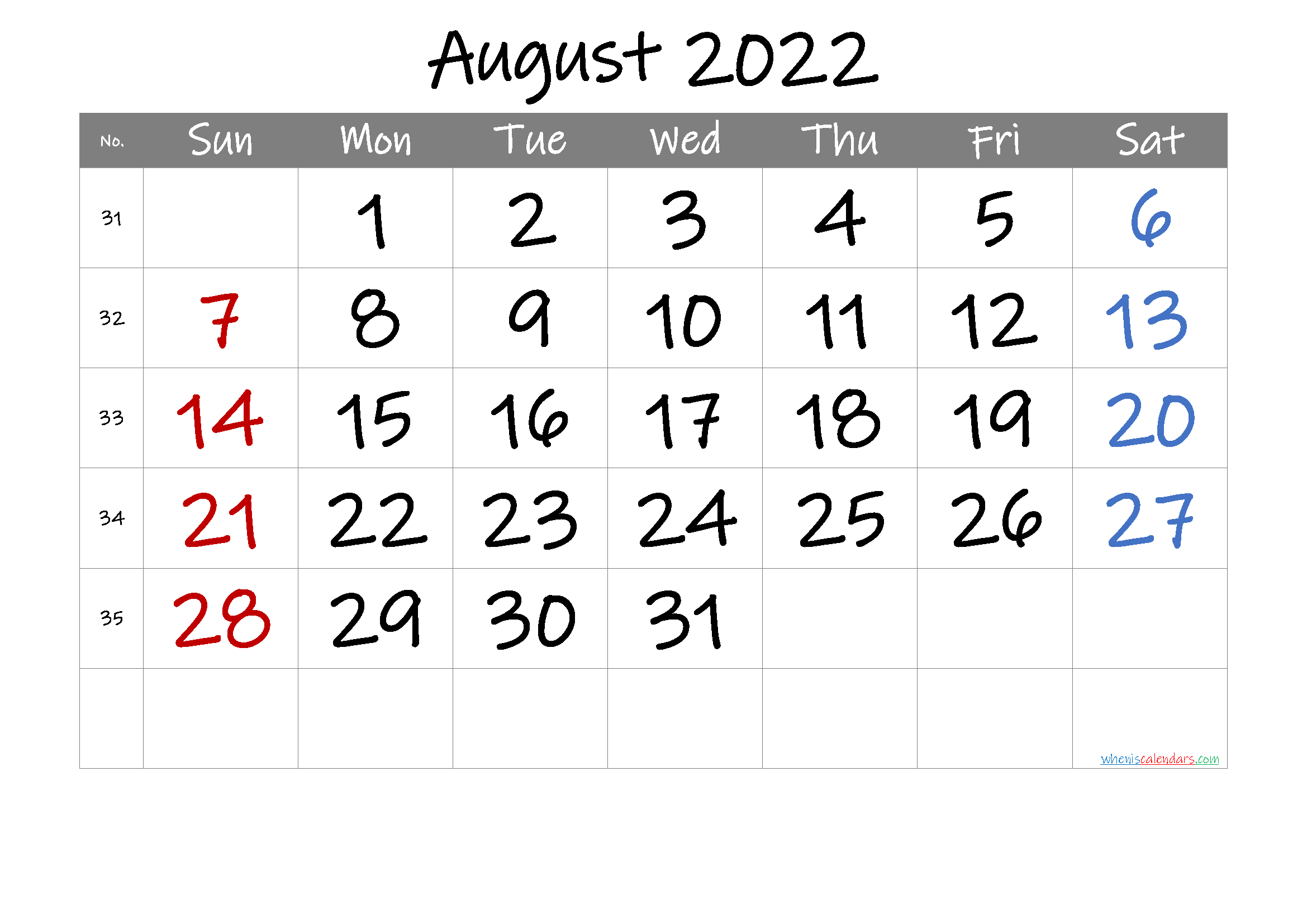 Free Printable August 2022 Calendar With Holidays