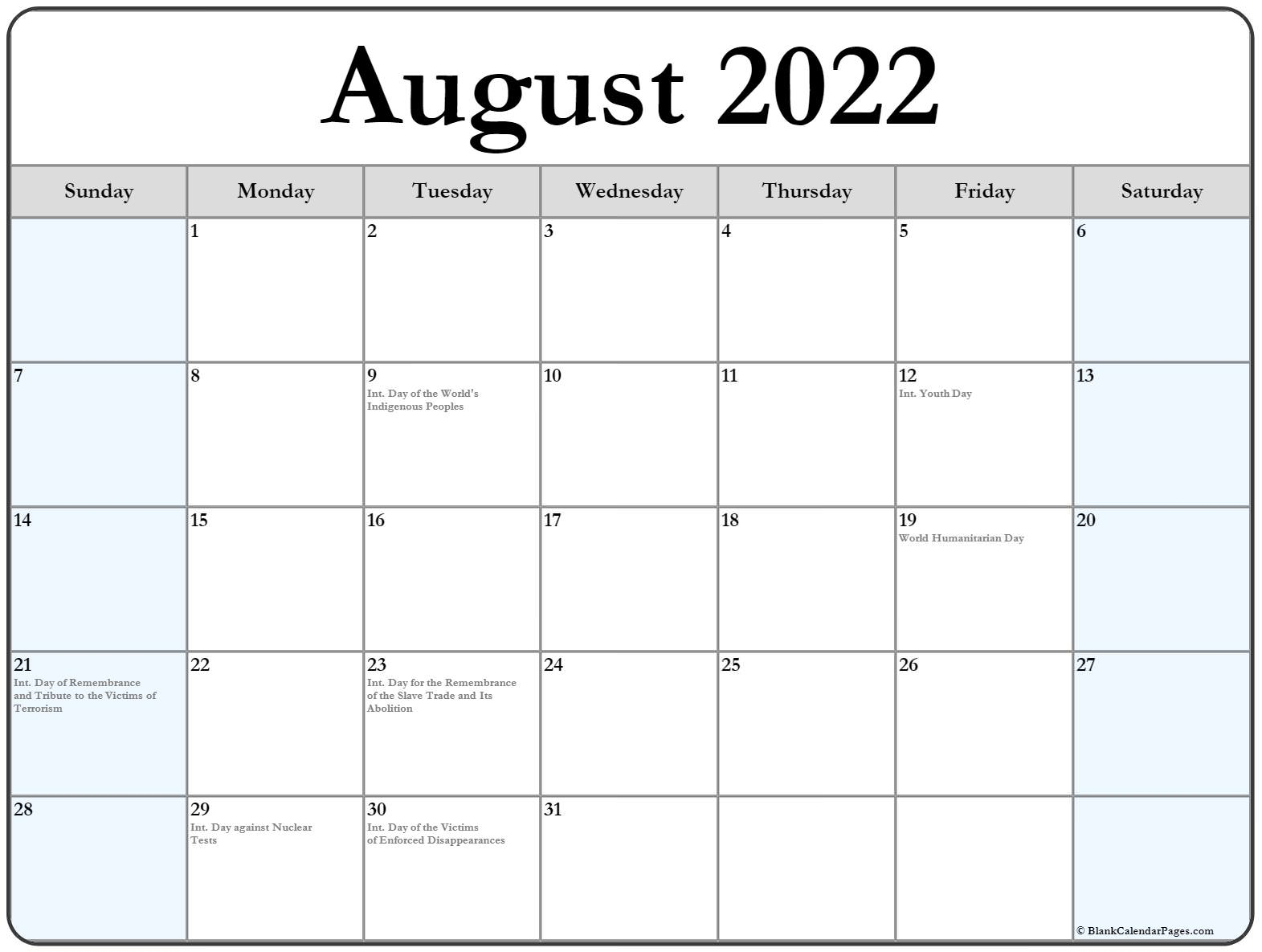 Free Printable August August 2022 Calendar | Printable