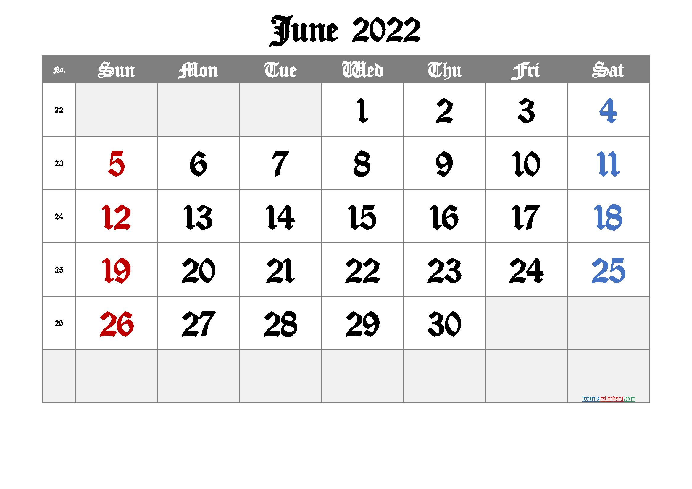 Free Printable Calendar 2022 June