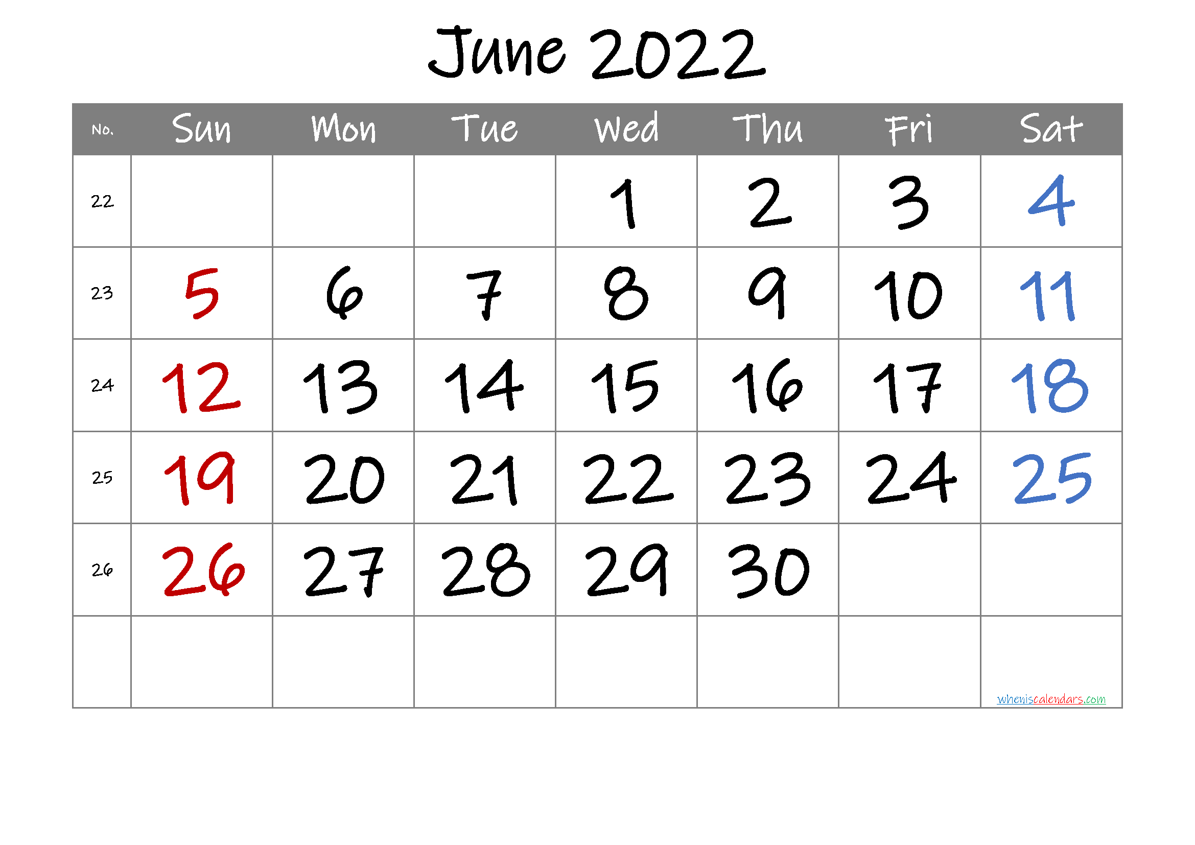 Free Printable Calendar 2022 June