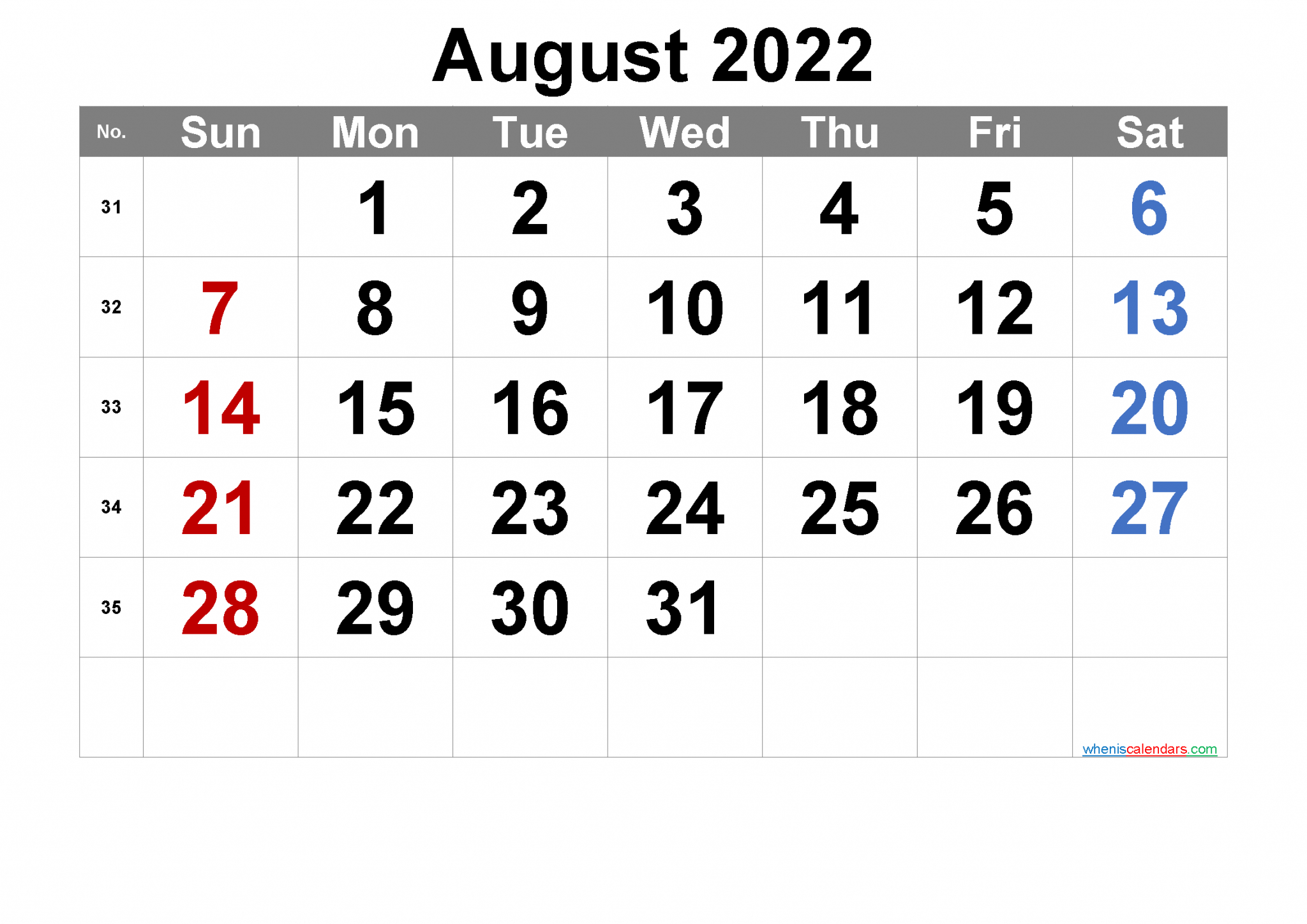 Free Printable Calendar August 2022 With Week Numbers