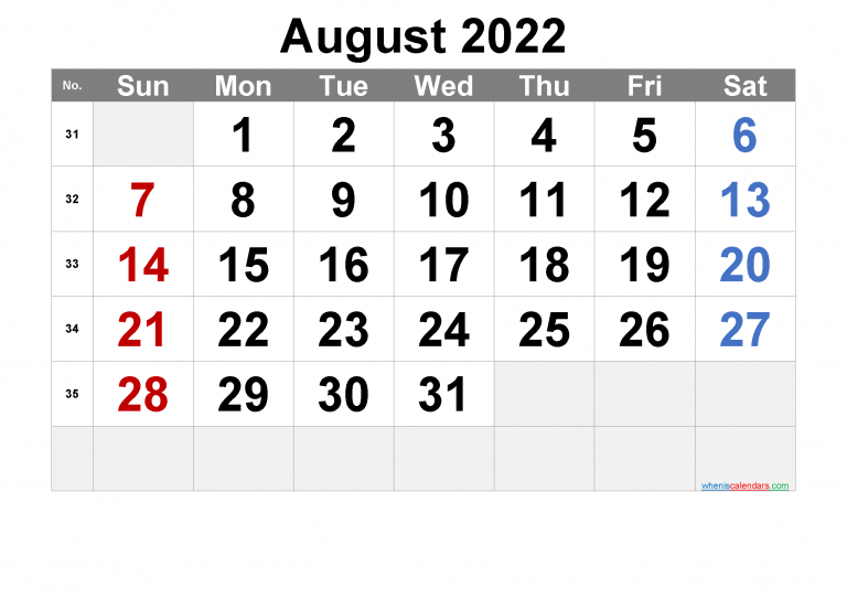 Free Printable Calendar August 2022 With Week Numbers