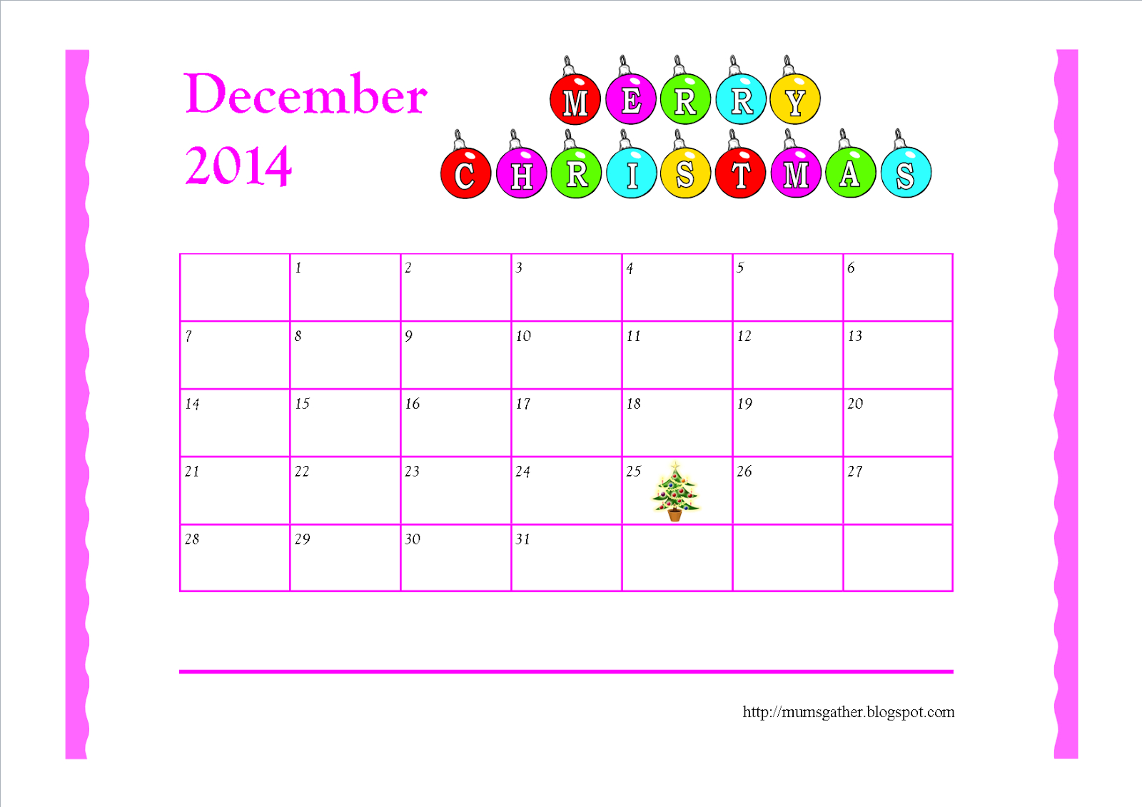 Free Printable December 2014 Calendar For Kids - Santa