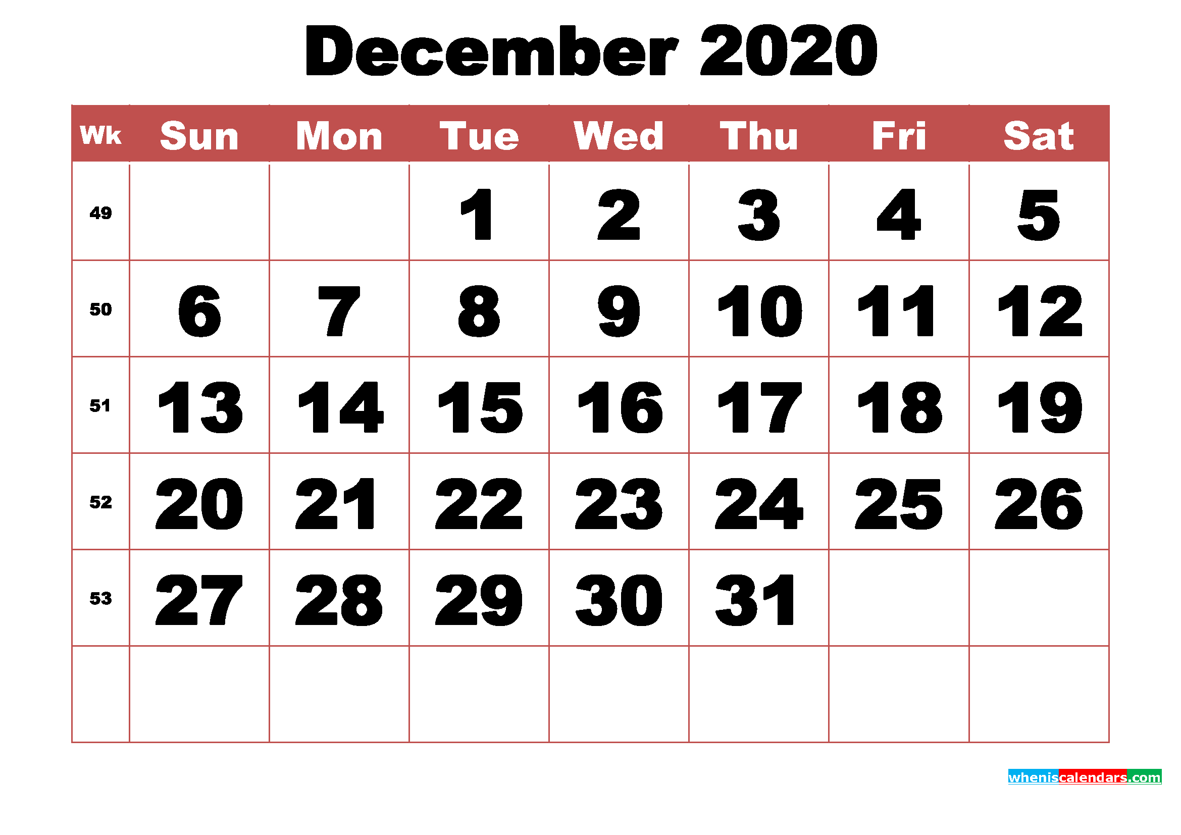 Free Printable December 2020 Calendar With Week Numbers