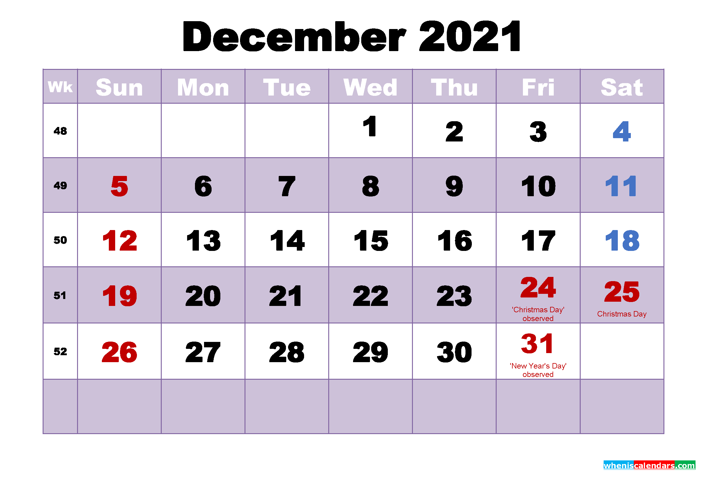 Free Printable December 2021 Calendar With Holidays