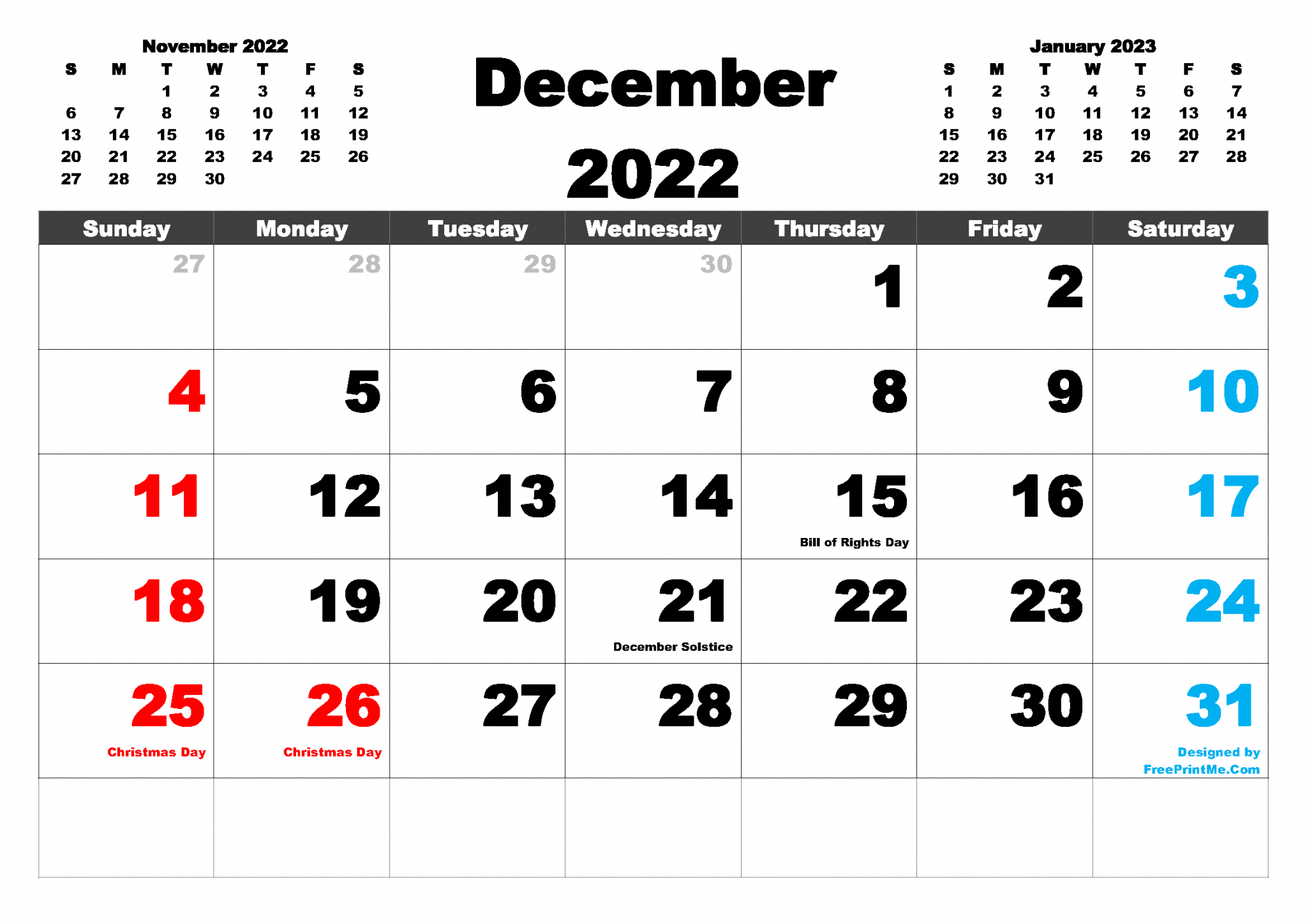 Free Printable December 2022 Calendar Pdf, Png Image