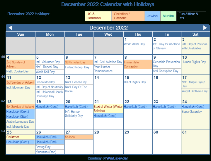 Free Printable December 2022 Calendar With Holidays