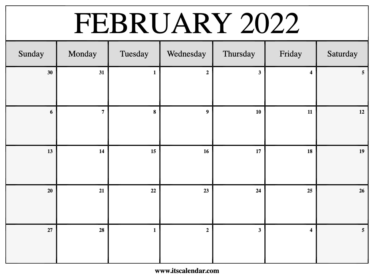 2022 February Calendar Template Calendar Template 2022