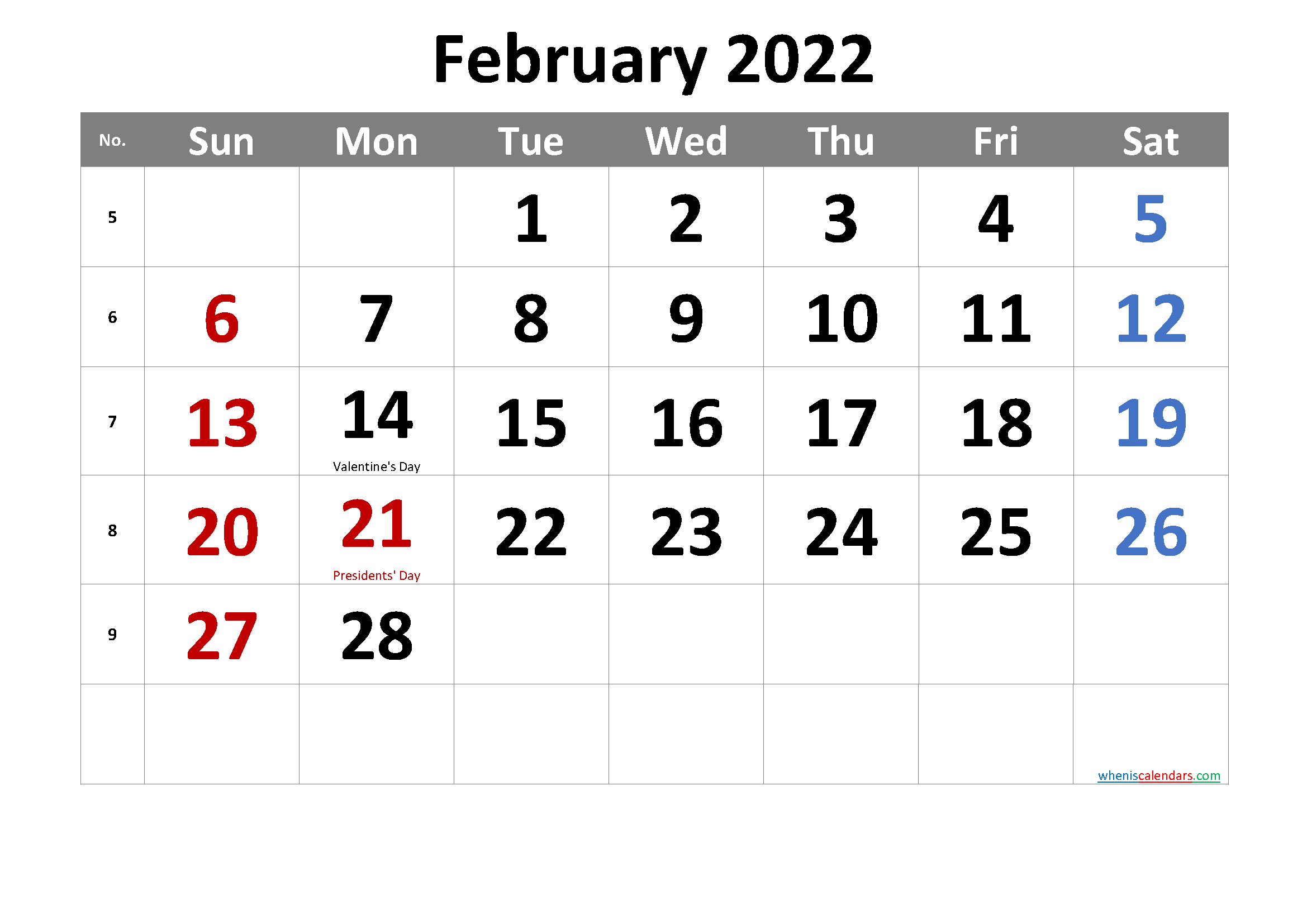 Free Printable February 2022 Calendar