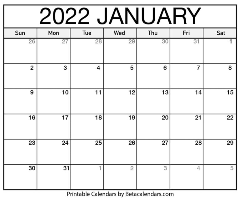 Free Printable January 2022 Calendar