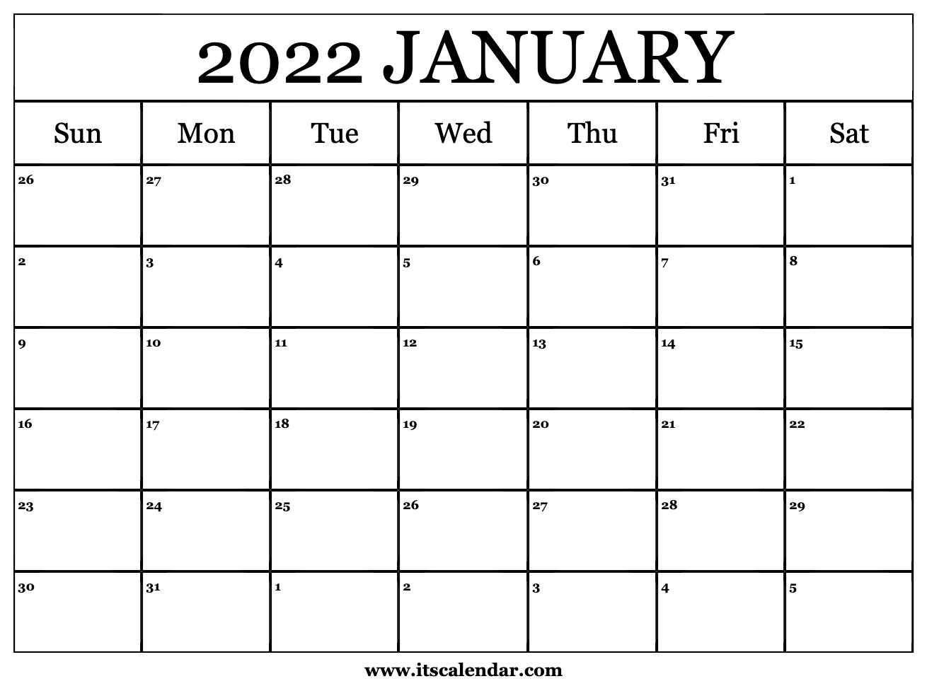 Free Printable January 2022 Calendar