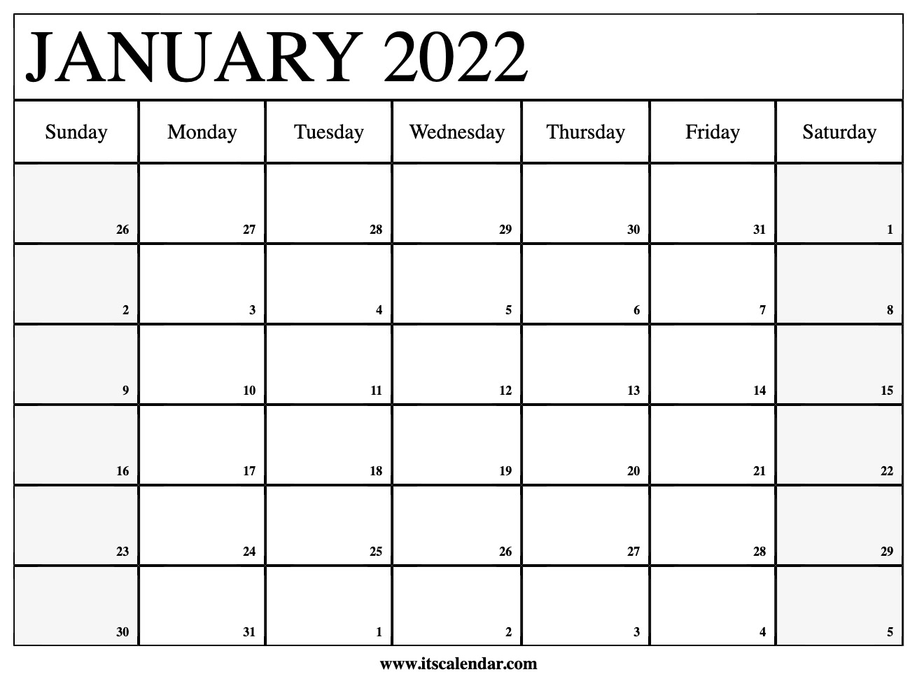 Free Printable January 2022 Calendar