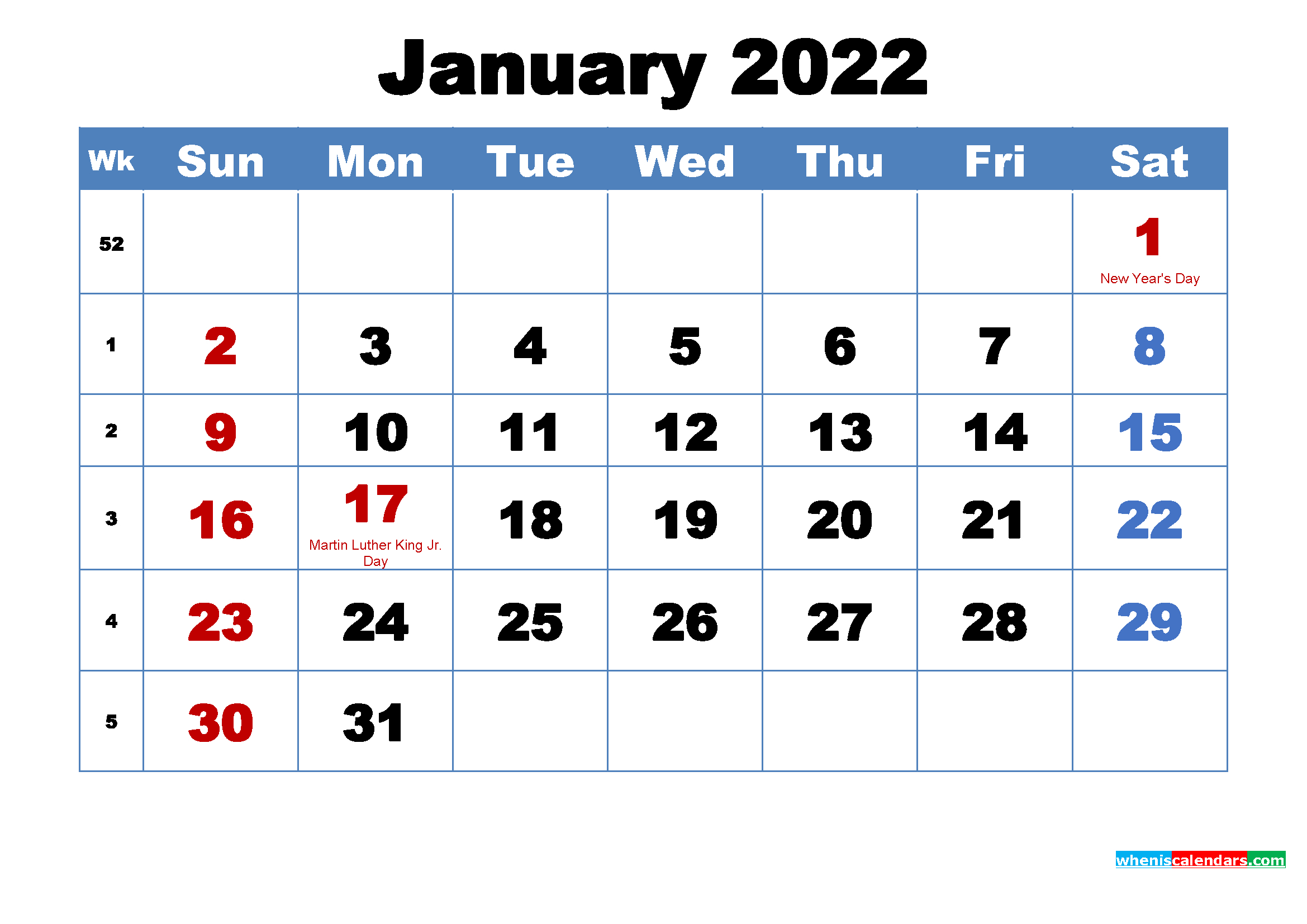 Free Printable January 2022 Calendar With Holidays