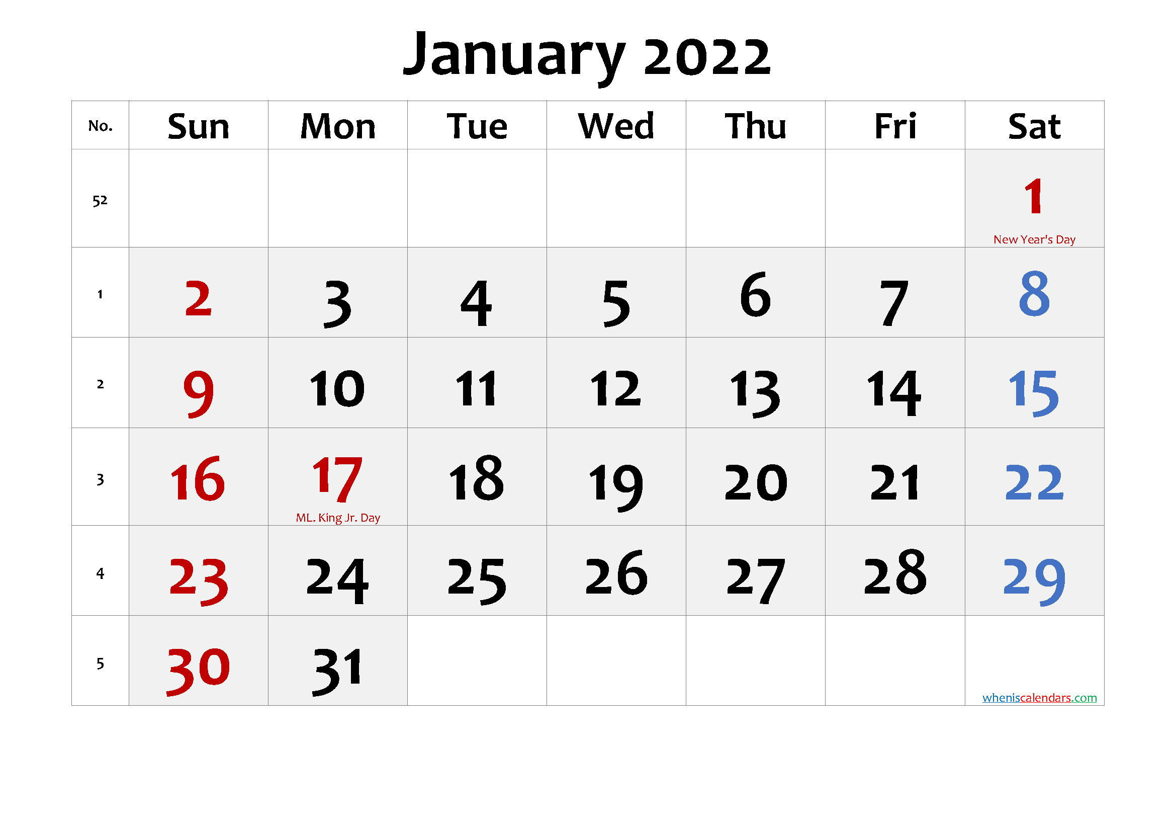 Free Printable January 2022 Calendar With Holidays - Free