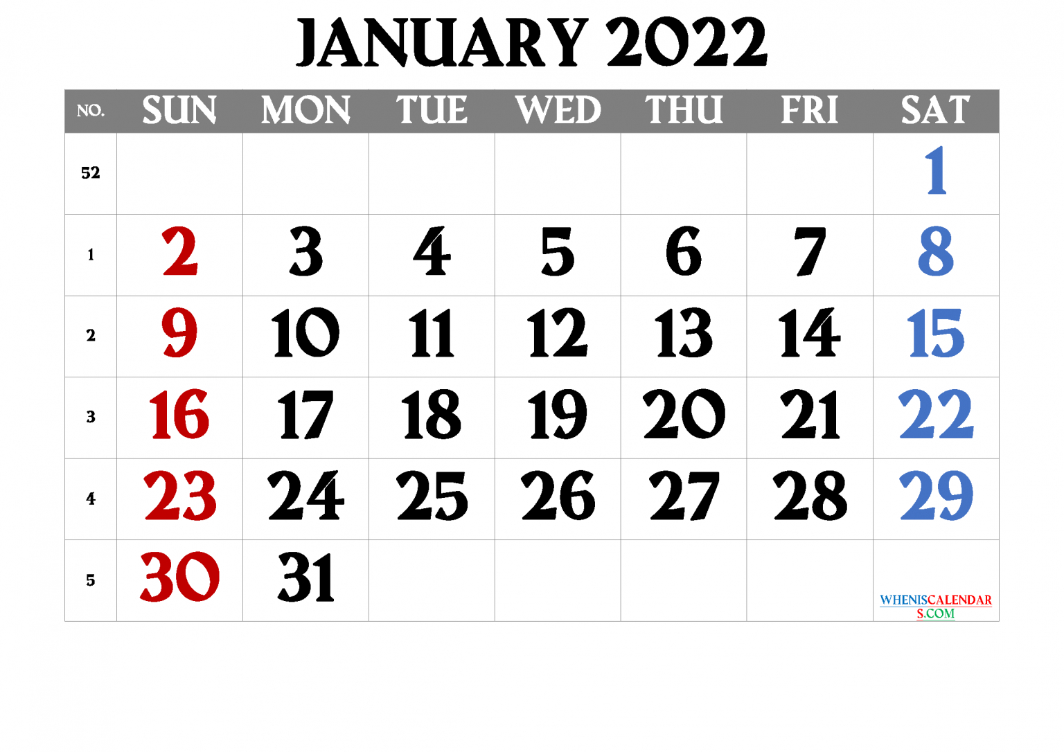 Free Printable January 2022 Calendar