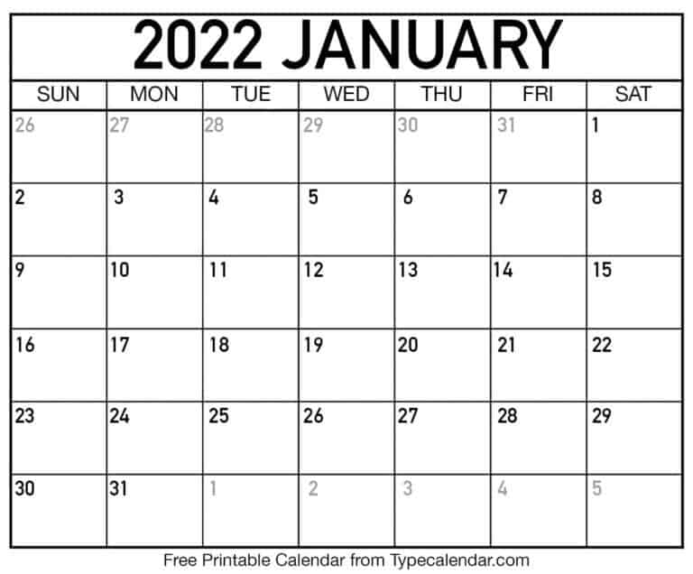 Free Printable January 2022 Calendars