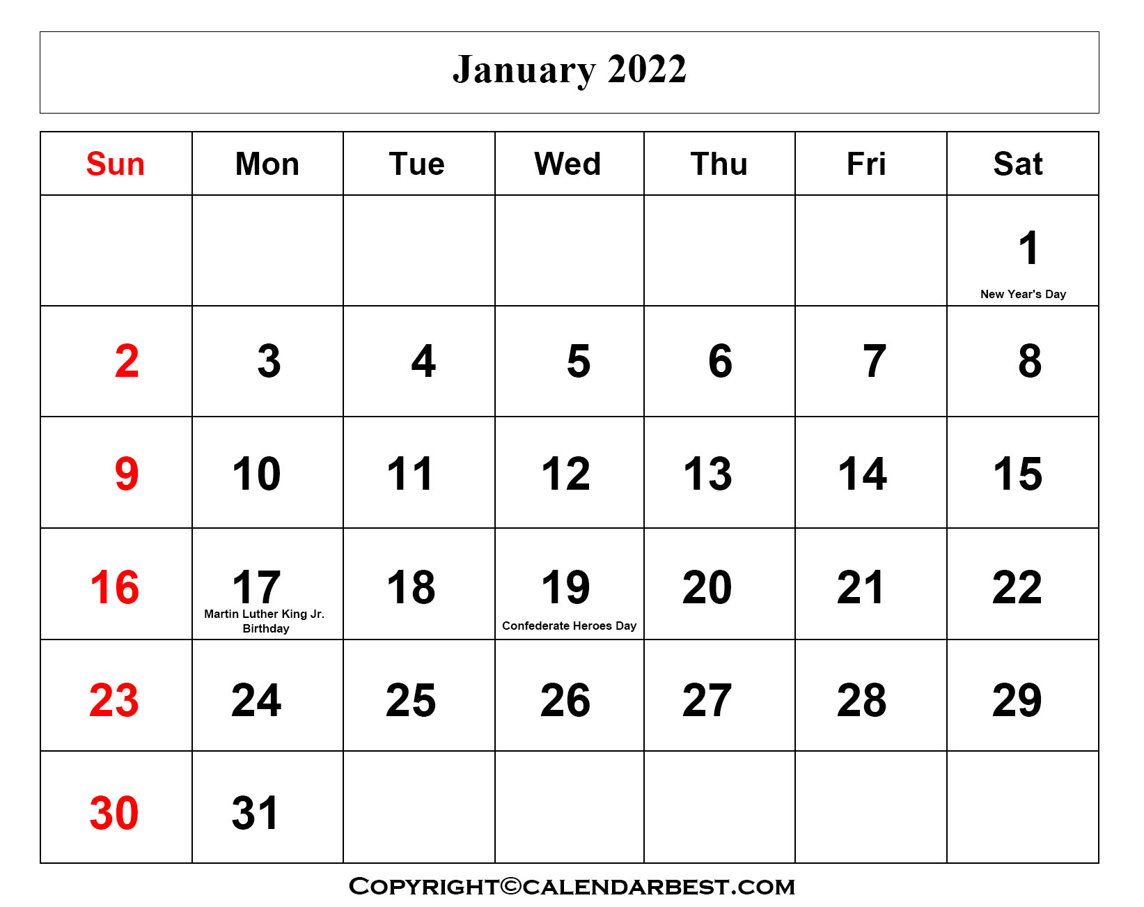 January 2022 Calendar With Us Holidays | Calendar Template 2023