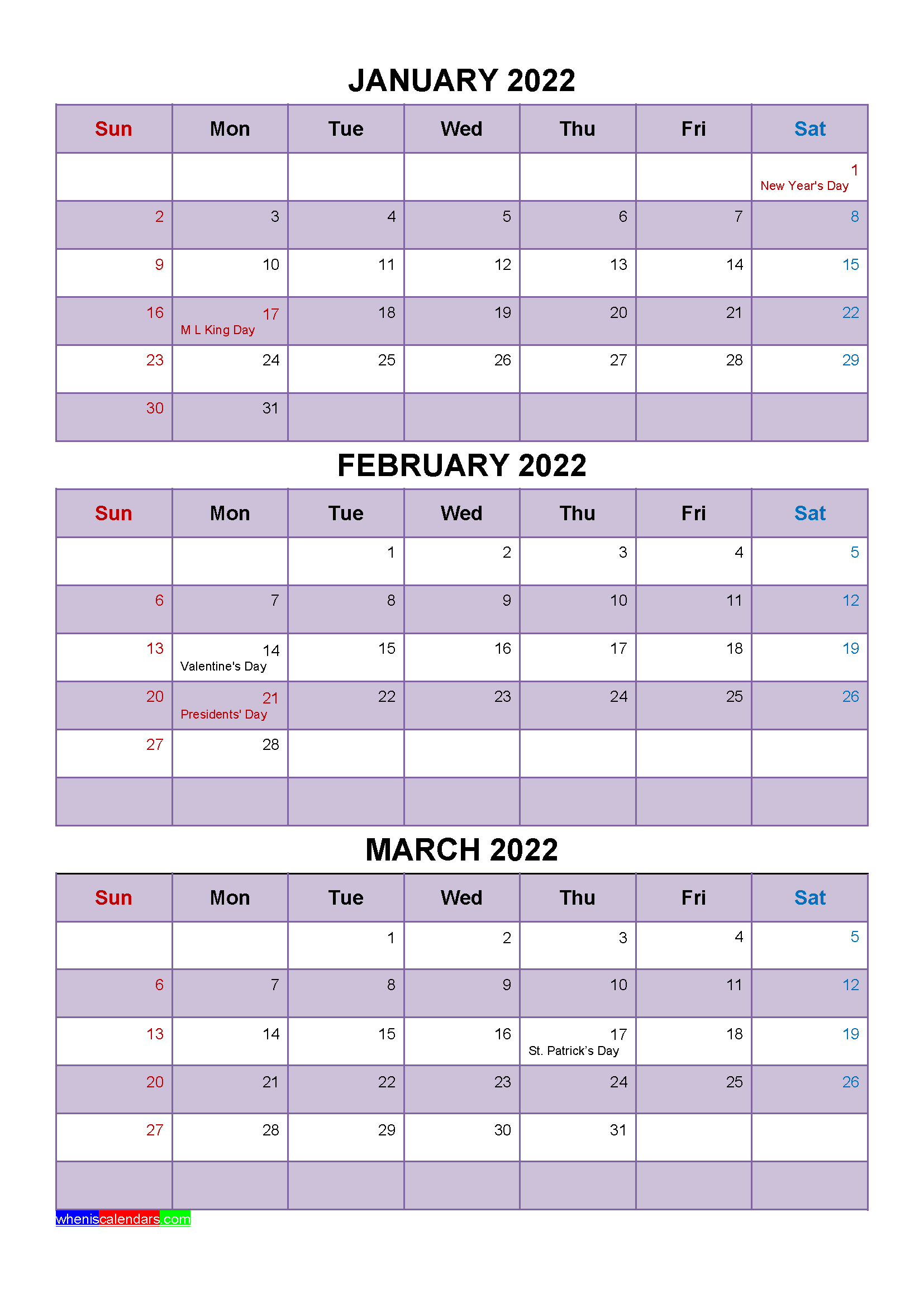 Free Printable January February March 2022 Calendar With